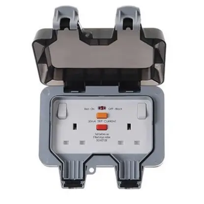 Double outdoor switched socket outlet with protective cover and RCD, UK wiring accessory