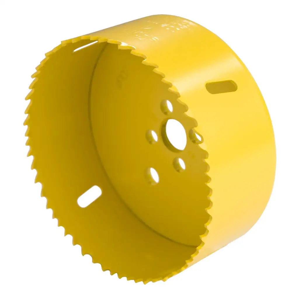 Yellow hole saw drill bit for electrical wiring installation and lighting projects