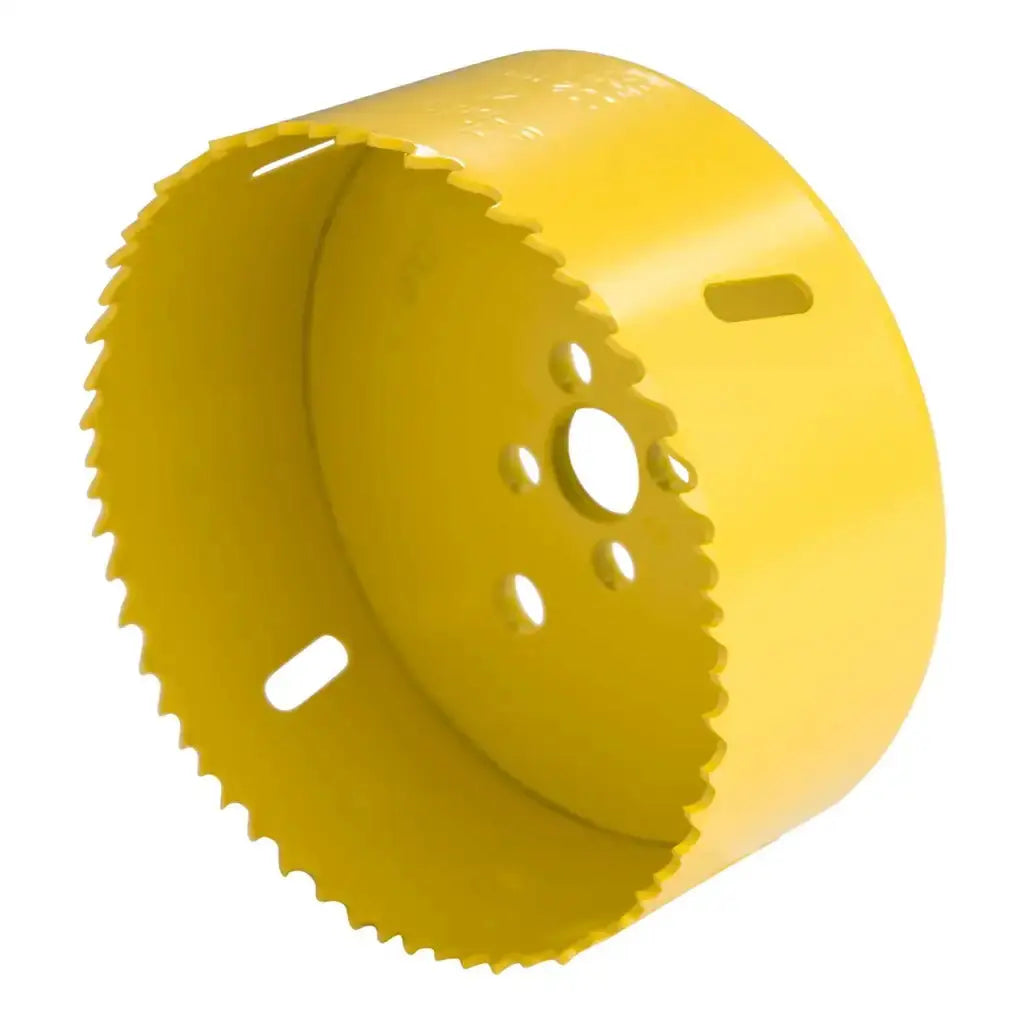 Yellow hole saw drill bit for electrical wiring installation and lighting projects