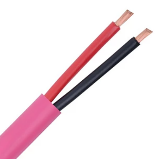 Pink 2 core speaker cable with exposed copper wires, red and black insulation, electrical wiring