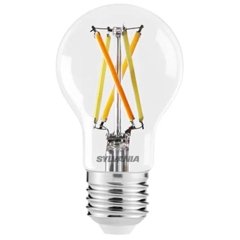 Clear LED filament light bulb with visible filaments and screw base