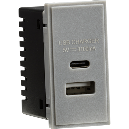 Dual USB charger module grey with Type-A and Type-C ports, 5V 3.1A for wall socket