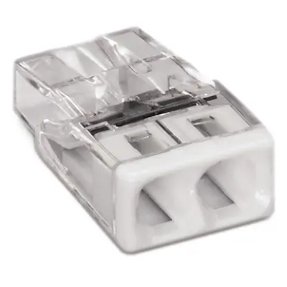 2-conductor compact splicing connector for electrical wiring, transparent plastic housing