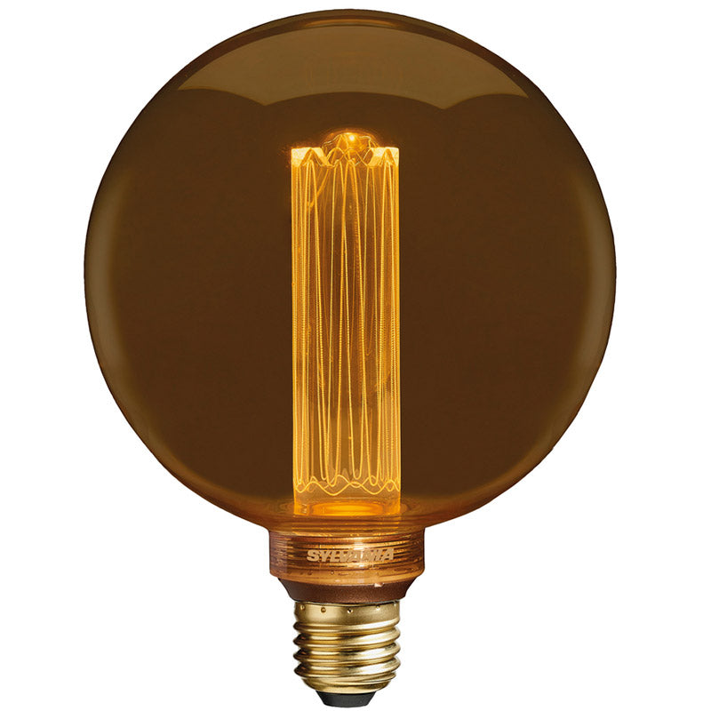 Round vintage-style LED filament bulb with amber glass and E27 screw base