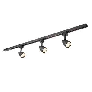 Black LED track lighting bar with three adjustable spotlights for modern interiors