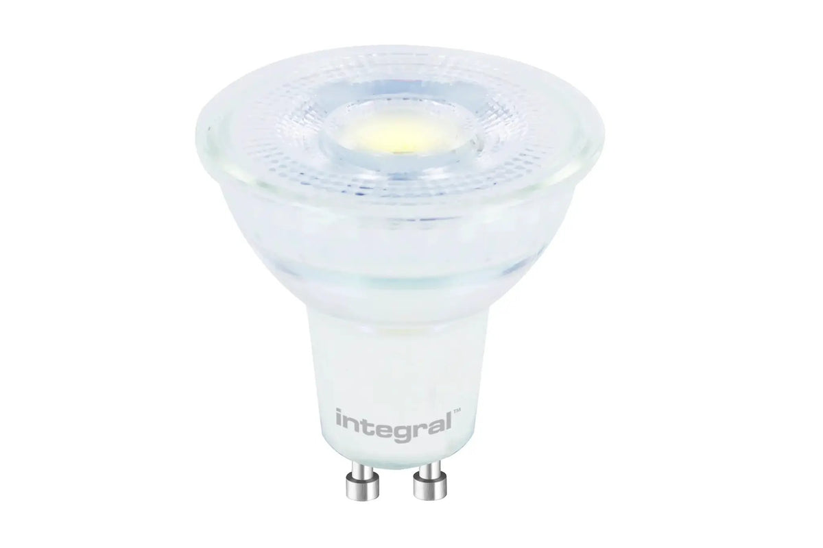 GU10 LED light bulb with frosted glass and metal pins, energy-efficient lighting