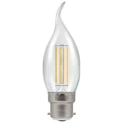 5W-40W LED bent tip dimmable candle bulb with bayonet cap, clear glass, filament style