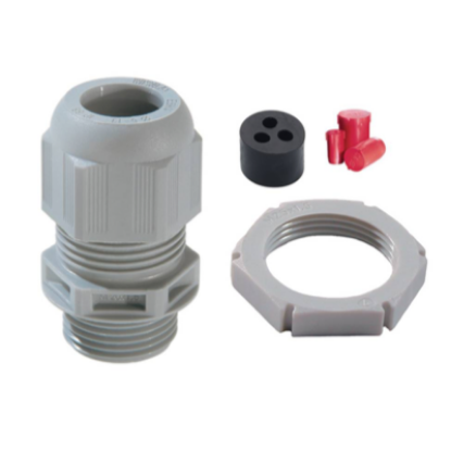 32mm plastic cable gland with locknut, sealing insert, and red terminal covers for electrical wiring