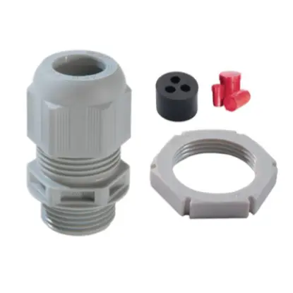 32mm plastic cable gland with locknut, sealing insert, and red terminal covers for electrical wiring