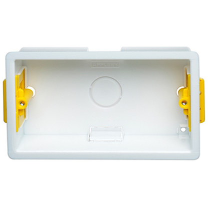 2 gang dry lining electrical back box with yellow mounting brackets, 35mm depth