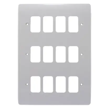 White 12-gang switch front plate for electrical wiring, rectangular cut-outs, screw holes