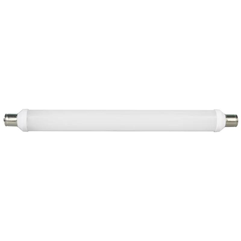 LED tube light with white cylindrical body and metal pin connectors for electrical lighting