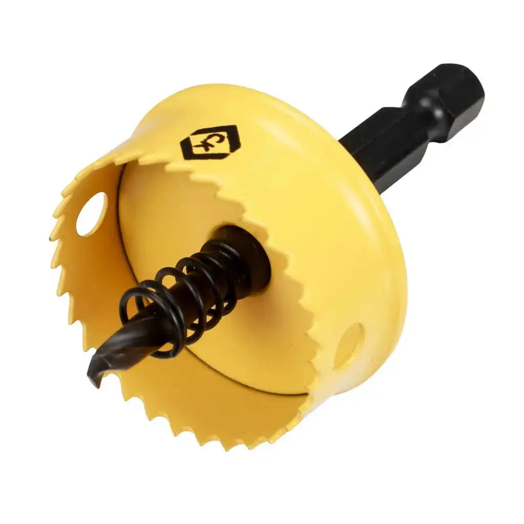 Yellow hole saw drill bit for electrical installation, suitable for lighting projects