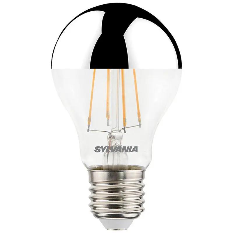 LED filament light bulb with silver crown top and E27 screw base