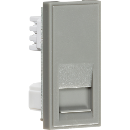 Grey modular telephone outlet with wiring terminals, suitable for UK electrical installations