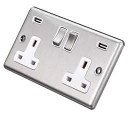 eurolite Eurolite 13A 2 Gang Switched Socket with Twin USB White Insert Satin Stainless Steel - eurolite Eurolite 13A 2 Gang Switched Socket with Twin USB White Insert Satin Stainless Steel