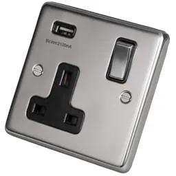 eurolite Eurolite 13A 1 Gang Socket with USB Outlet Metal / Black Insert Polished Stainless Steel - eurolite Eurolite 13A 1 Gang Socket with USB Outlet Metal / Black Insert Polished Stainless Steel