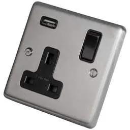 eurolite Eurolite 13A 1 Gang Socket with USB Outlet Black Insert Satin Stainless Steel - eurolite Eurolite 13A 1 Gang Socket with USB Outlet Black Insert Satin Stainless Steel
