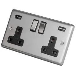 eurolite Eurolite 13A 2 Gang Switched Socket Twin USB Metal/Black Insert Satin Stainless Steel - eurolite Eurolite 13A 2 Gang Switched Socket Twin USB Metal/Black Insert Satin Stainless Steel
