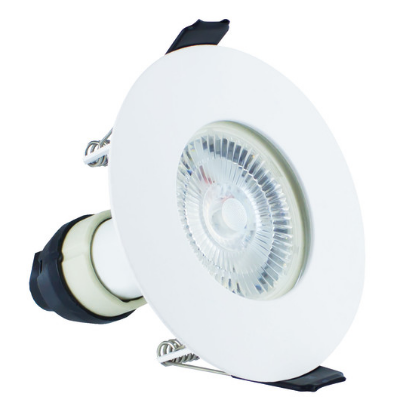 White round fire-rated downlight with GU10 holder and 70mm cutout for ceiling installation