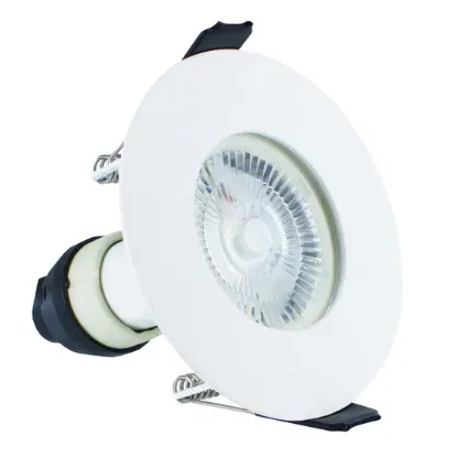 White round fire-rated downlight with GU10 holder and 70mm cutout for ceiling installation