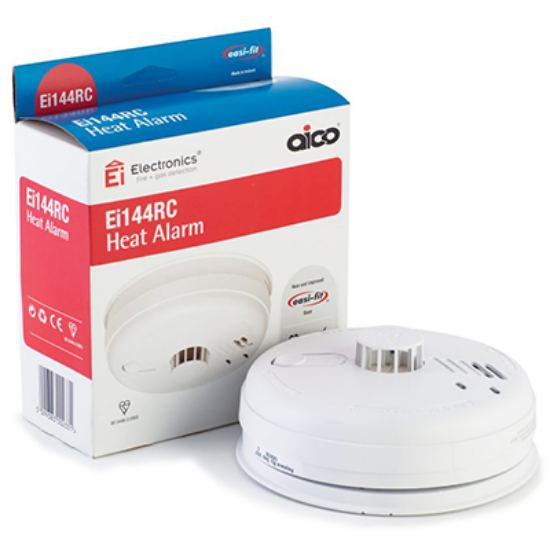 White Ei144RC heat alarm with product box, fire safety device for home or business use.
