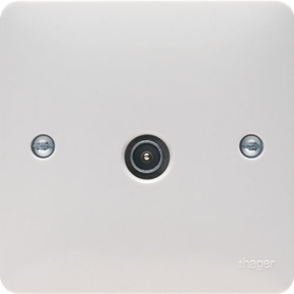 White single co-ax TV socket outlet with central male connector and screw fixings