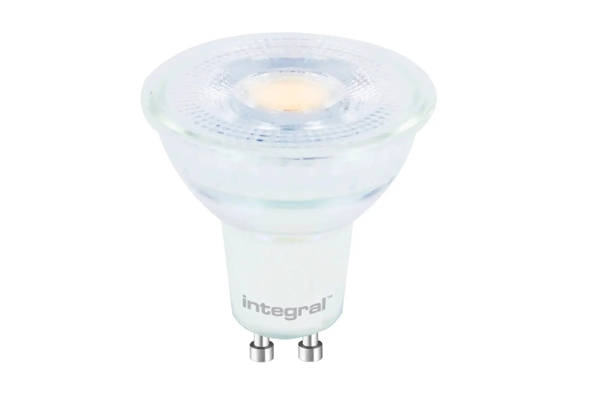 GU10 LED light bulb with clear lens and white base for home and business lighting