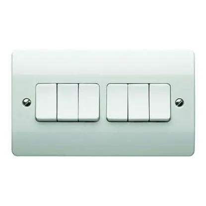 White 2 gang 6 way single pole electrical light switch on white background