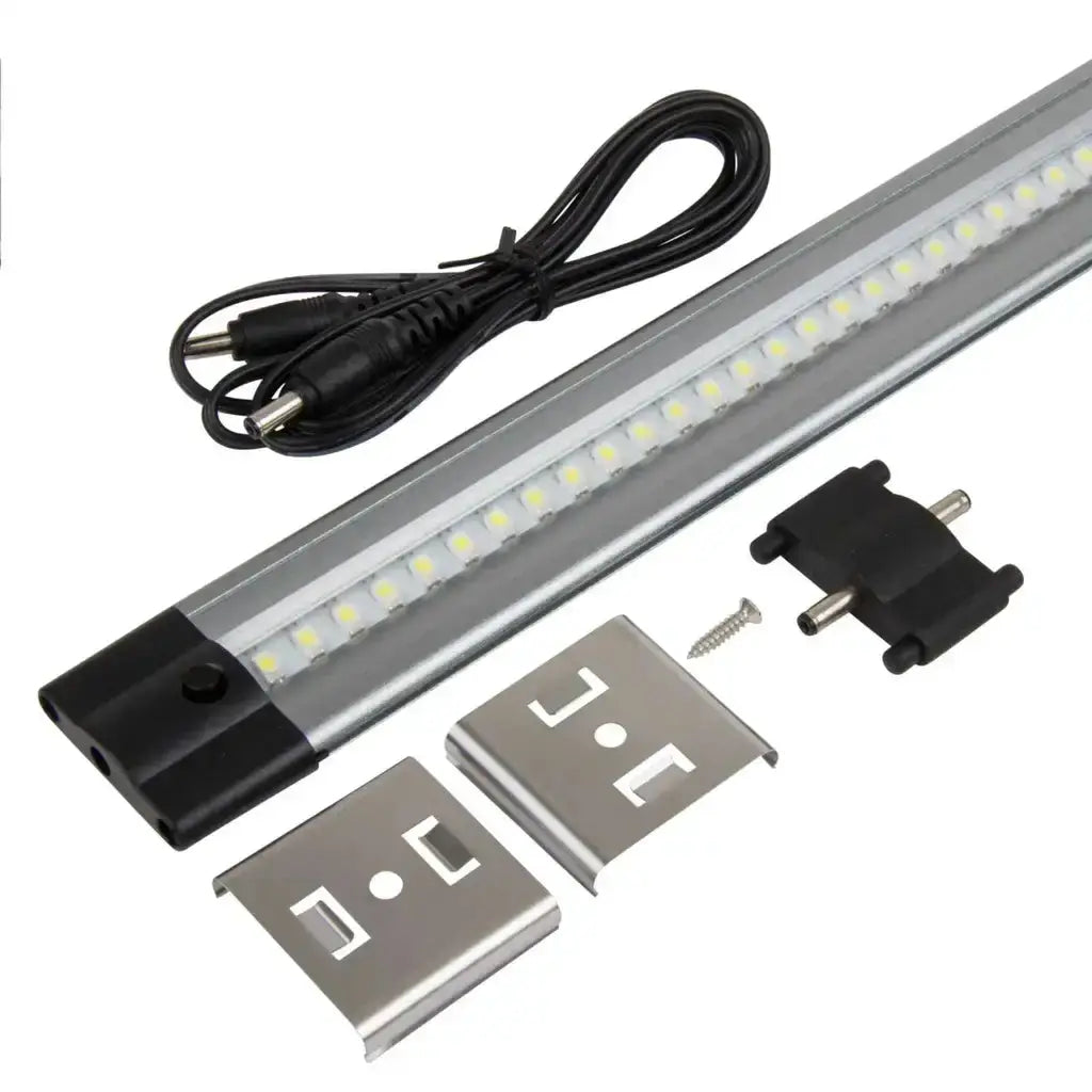 LED strip light with power cable, metal mounting brackets, connector, and screw