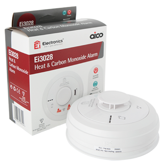 Heat and carbon monoxide alarm with packaging, round white sensor for UK electrical safety