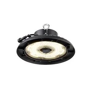Round industrial LED ceiling light fixture with black metal frame, energy efficient design