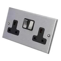 hamilton Hamilton 13A DP 2 Gang Switched Socket Black Insert Satin Steel - hamilton Hamilton 13A DP 2 Gang Switched Socket Black Insert Satin Steel