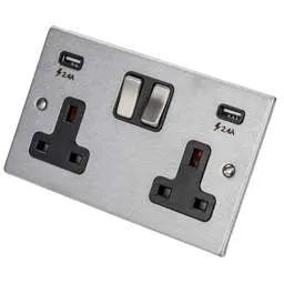 hamilton Hamilton 13A 2 Gang Switched Socket with Twin 2.4A USB Outlets Black Insert Satin Steel - hamilton Hamilton 13A 2 Gang Switched Socket with Twin 2.4A USB Outlets Black Insert Satin Steel