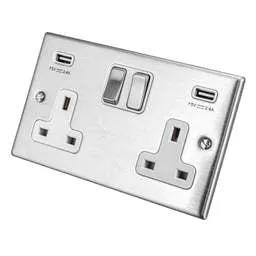 hamilton Hamilton 13A 2 Gang Switched Socket with Twin 2.4A USB Outlets White Insert Satin Steel - hamilton Hamilton 13A 2 Gang Switched Socket with Twin 2.4A USB Outlets White Insert Satin Steel