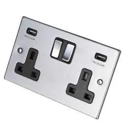 hamilton Hamilton 13A 2 Gang Switched Socket with Twin 2.4A USB Outlets Black Insert Satin Chrome - hamilton Hamilton 13A 2 Gang Switched Socket with Twin 2.4A USB Outlets Black Insert Satin Chrome