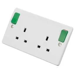 mk logic MK Logic Plus 13A DP 2 Gang Switched Socket with Green Outboard Rockers White - Electrical mk logic MK Logic Plus 13A DP 2 Gang Switched Socket with Green Outboard Rockers White Electrical