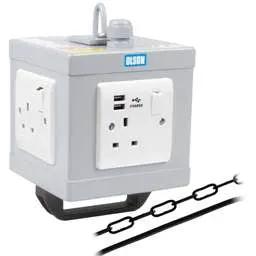 Extension Leads Olson 13A 4 Way Socket with Twin USB Outlets Suspended Service Unit with Cable & Chain - Extension Leads Olson 13A 4 Way Socket with Twin USB Outlets Suspended Service Unit with Cable & Chain