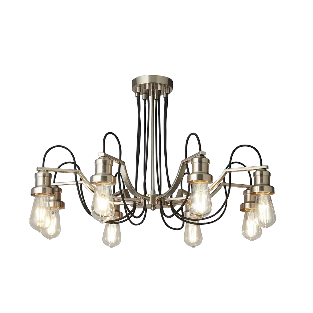 Searchlight Pendant Lights Olivia 8Lt Pendant- Satin Silver Metal & Black Braided Cable - Searchlight Pendant Lights Olivia 8Lt Pendant- Satin Silver Metal & Black Braided Cable