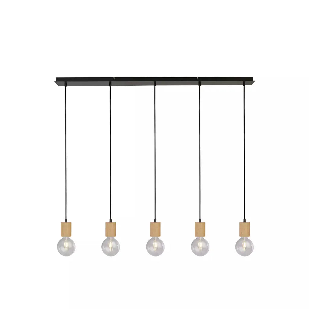 Searchlight Pendant Lights Spinny 5Lt Bar Pendant - Wood & Matt Black Metal - Searchlight Pendant Lights Spinny 5Lt Bar Pendant - Wood & Matt Black Metal