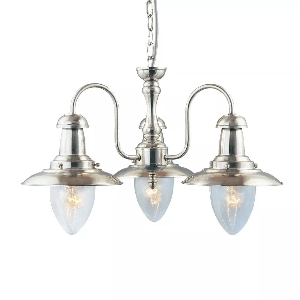 Searchlight Pendant Lights Fisherman II 3Lt Pendant - Satin Silver & Clear Seeded Glass - Searchlight Pendant Lights Fisherman II 3Lt Pendant - Satin Silver & Clear Seeded Glass