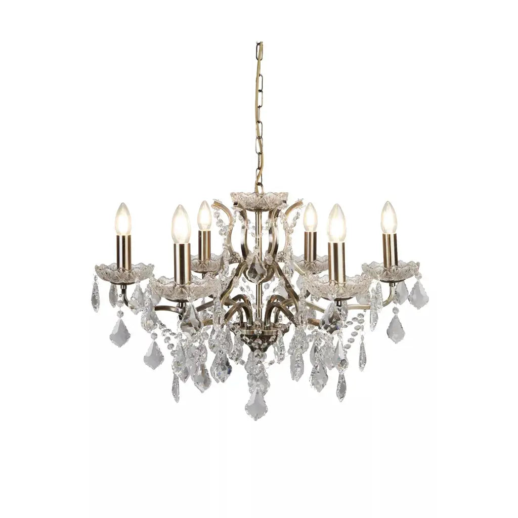 searchlight chandlier Paris 6Lt Chandelier - Antique Brass Metal & Clear Crystal - searchlight chandlier Paris 6Lt Chandelier - Antique Brass Metal & Clear Crystal