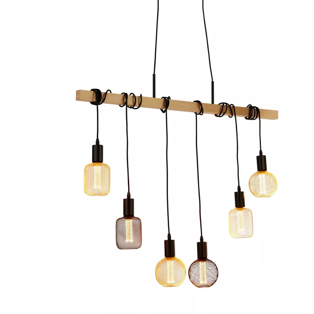 Searchlight Pendant Lights Woody 6Lt Bar Pendant - Natural Wood & Black Metal - Searchlight Pendant Lights Woody 6Lt Bar Pendant - Natural Wood & Black Metal