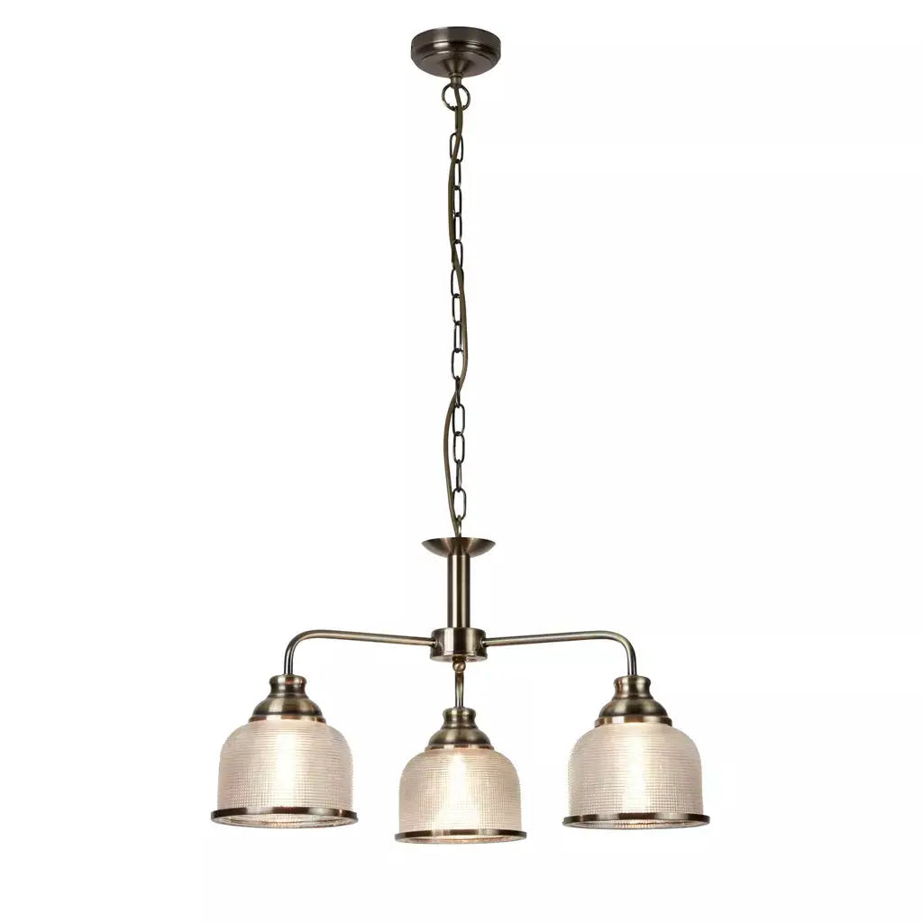 Searchlight Pendant Lights Bistro II 3Lt Pendant-Antique Brass & Holophane Style Glass - Searchlight Pendant Lights Bistro II 3Lt Pendant-Antique Brass & Holophane Style Glass