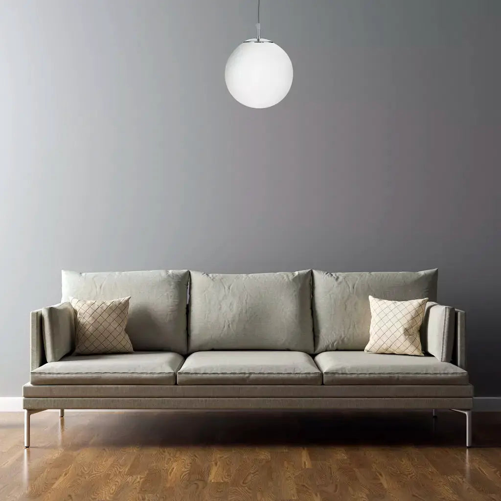 Searchlight Pendant Lights Atom Pendant - Satin Silver & Opal Glass (Dia. 25cm) - Searchlight Pendant Lights Atom Pendant - Satin Silver & Opal Glass (Dia. 25cm)