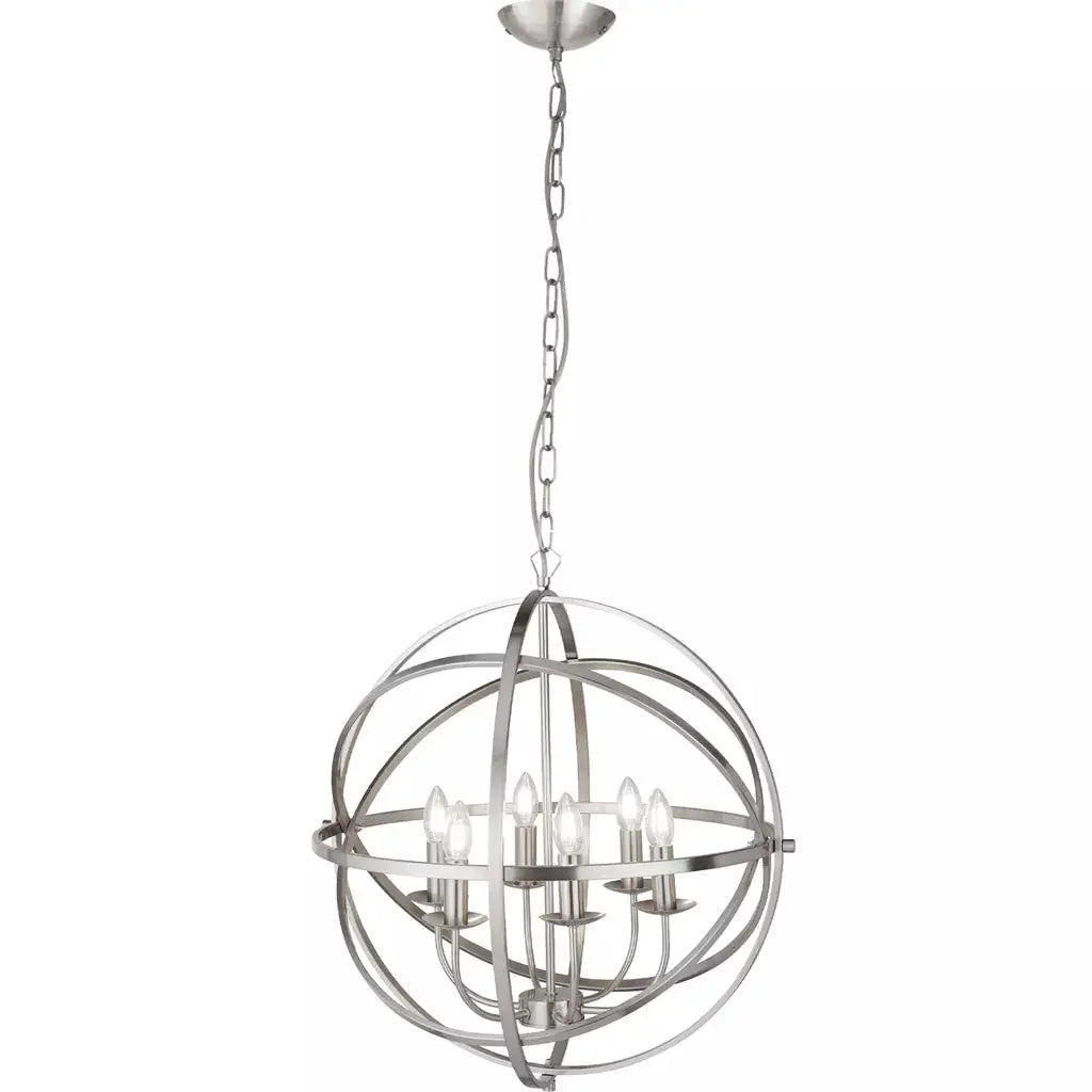 Searchlight Pendant Lights Orbit 6Lt Pendant - Satin Silver Metal - Searchlight Pendant Lights Orbit 6Lt Pendant - Satin Silver Metal