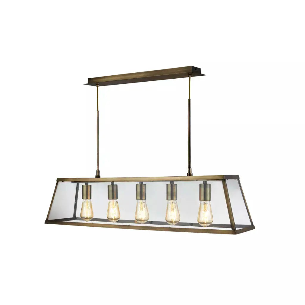 Searchlight Pendant Lights Voyager 5Lt Bar Pendant - Antique Brass Metal & Glass - Searchlight Pendant Lights Voyager 5Lt Bar Pendant - Antique Brass Metal & Glass