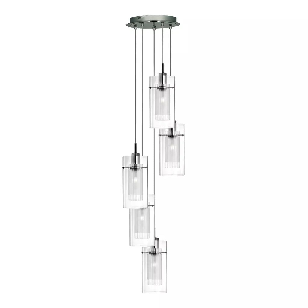 Searchlight Pendant Lights Duo I 5Lt Multi-Drop Pendant - Satin Silver Metal & Glass - Searchlight Pendant Lights Duo I 5Lt Multi-Drop Pendant - Satin Silver Metal & Glass