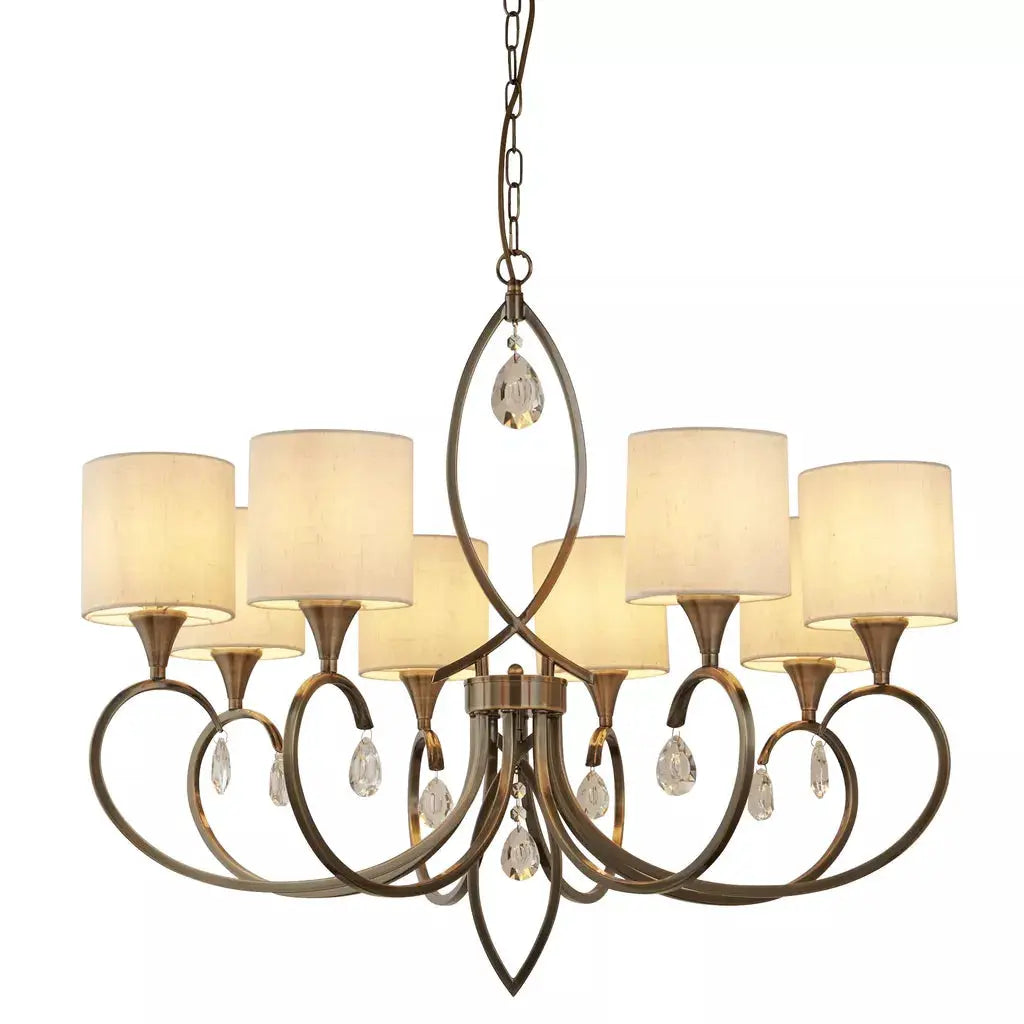 Searchlight Pendant Lights Alberto 8Lt Pendant - Antique Brass, Crystal & Linen Shade - Searchlight Pendant Lights Alberto 8Lt Pendant - Antique Brass, Crystal & Linen Shade