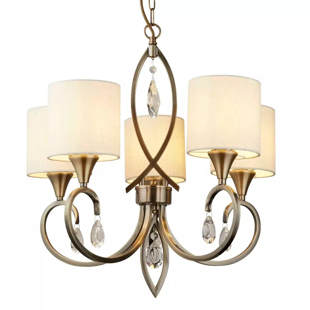 Searchlight Pendant Lights Alberto 5Lt Pendant - Antique Brass, Crystal & Linen Shade - Searchlight Pendant Lights Alberto 5Lt Pendant - Antique Brass, Crystal & Linen Shade